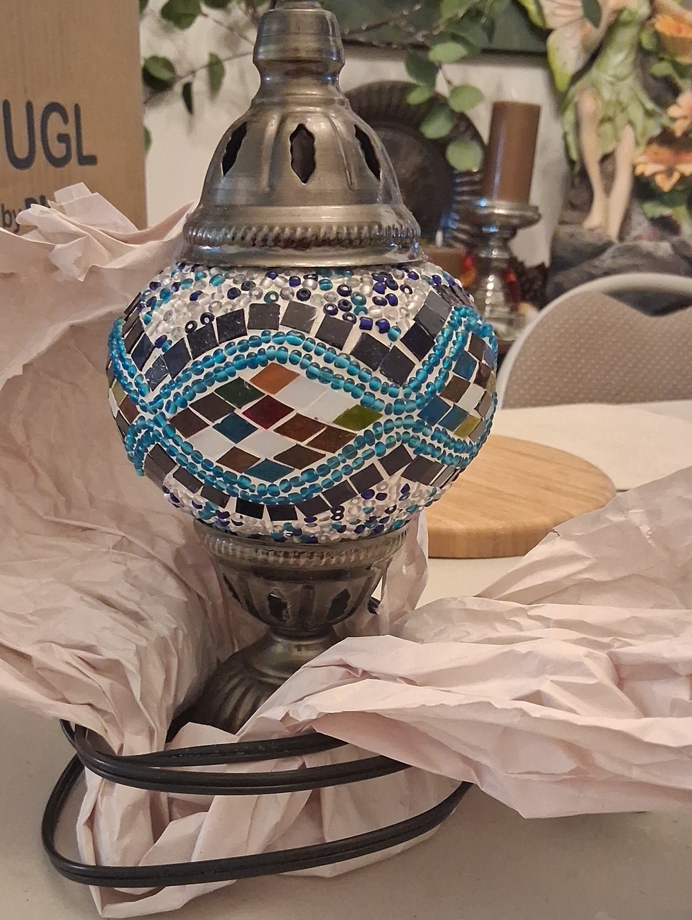 Handcrafted Mosaic Glass Table Lamp - Blue & Red, With Defuser Heat Up A Sence